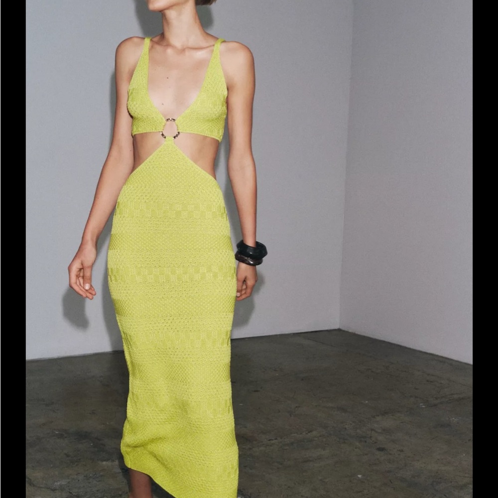 Zara Yellow Backless Bodycon Dress Plunge Neckline